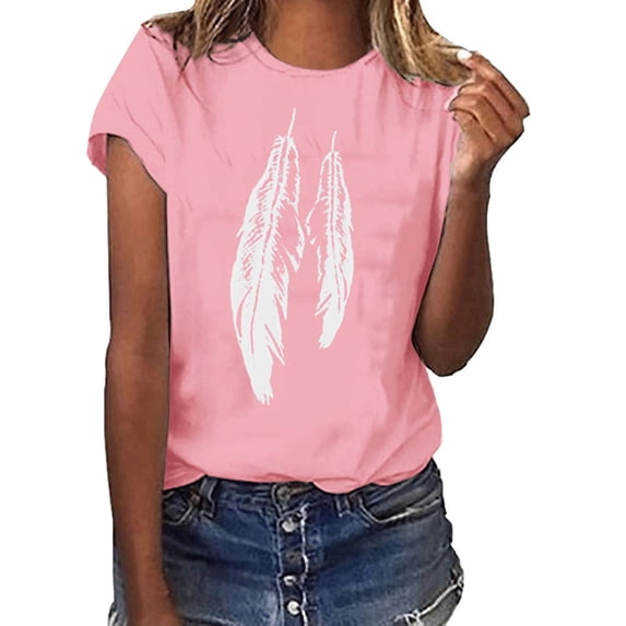 Matoen Women Summer T-Shirt Graphic Printed Short Sleeve Pink Blouse Casual Round Neck Athletic Tops