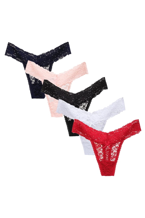 Womens Lace Thongs Underwear Seamless T Back Low Waist V Shaped Comfortable Panties Set of 5
