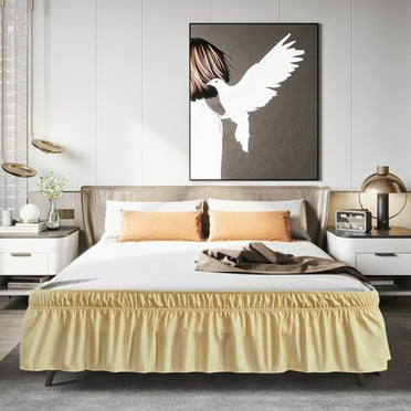 Matoen Wrap Around Bed Skirts for Queen Beds 15" Drop, Beige Adjustable Elastic Dust Ruffles Easy Fit Wrinkle & Fade Resistant Silky Luxurious Fabric Machine Washable