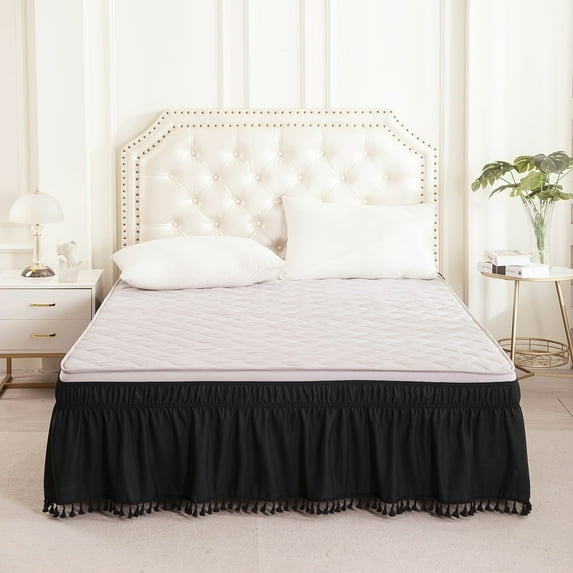 Matoen Wrap Around Ruffled Bed Skirt with Adjustable Elastic Belt - 16 Inch Drop Easy to Put On, Wrinkle Free Bedskirt Dust Ruffles, Frame Cover for Twin, Queen and King Size Beds, Black