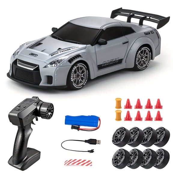 TXT-MATRIX 1:24 Scale 4WD RC Drift Car with 2.4GHz Remote, LED Lights, 2 Tire Sets and Road Tracks