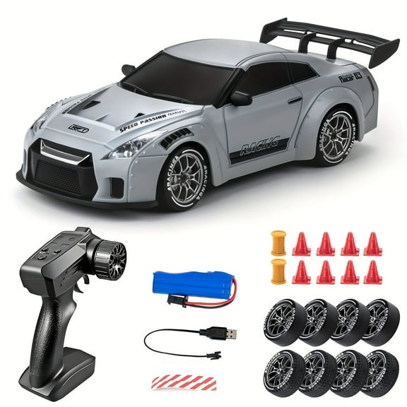 TXT-MATRIX 1:24 Scale 4WD RC Drift Car with 2.4GHz Remote, LED Lights, 2 Tire Sets and Road Tracks