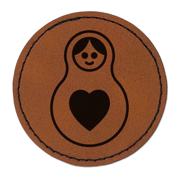 Matryoshka Babushka Russian Nesting Stacking Doll 2.5" Faux Leather Round Engraved Iron-On Patch - Brown