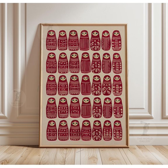 Matryoshka Doll Poster, Russian Folk Art Print, Red Pattern Wall Decor, Poster Only