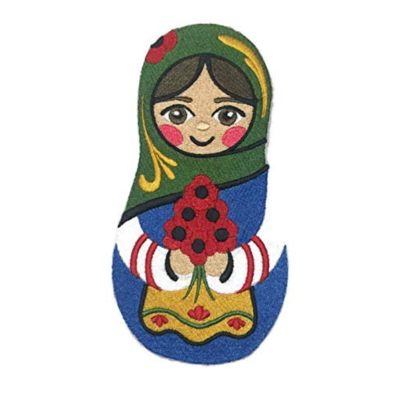Matryoshka Doll with Poppies Embroidered Iron On/Sew Patch [3.47" x 6.86"]
