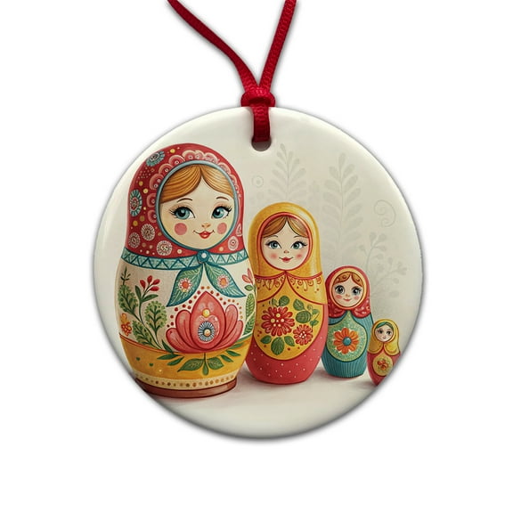 Matryoshka Russian Nesting Dolls Christmas Tree Holiday Round Ceramic Ornament