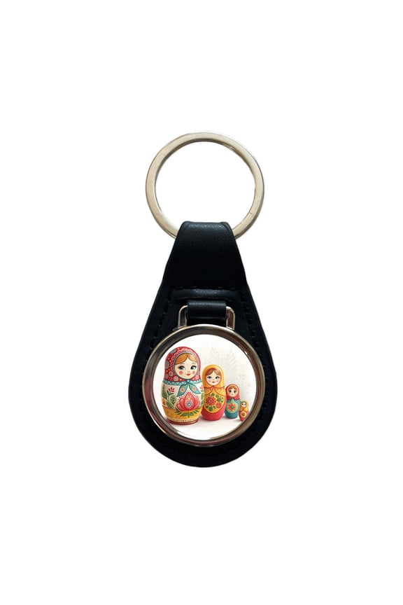 Matryoshka Russian Nesting Dolls Metal Black Leather Keychain