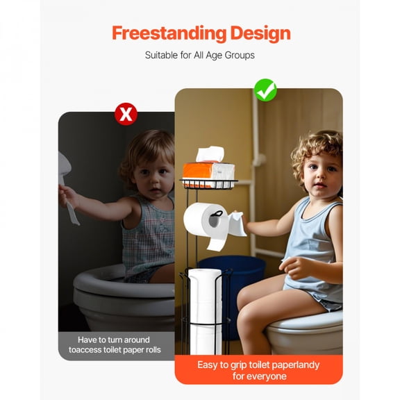 Matt Black Free Standing Toilet Paper Holder with Shelf 3 in 1 Steel Toilet Roll Holder for Mega Rolls Fits 4 Rolls for Bathroom Storage