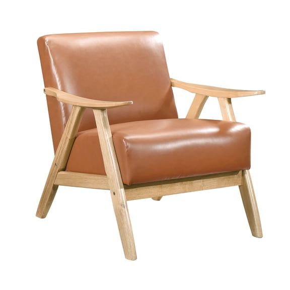 Matt Brown Accent Chair For Bedroom Decor: Solid Wood, Faux Leather, Natural Finish, 21" Seat Depth Stylish With Arm Support: Rubberwood, 28.36 In. Depth, Finish