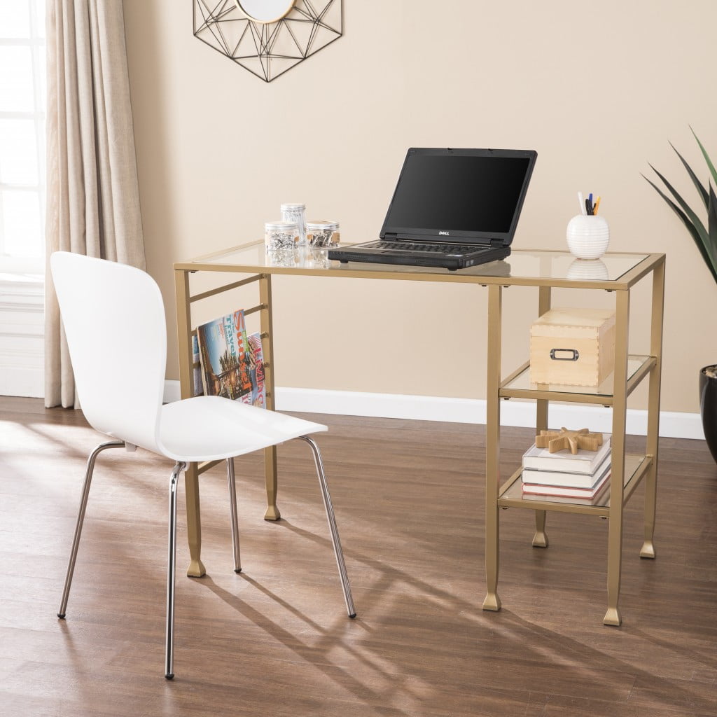 Sleek Matt Gold & Tempered Glass Writing Desk with Open Shelves