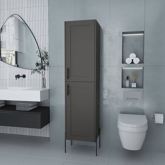 Matt Gray Melamine Material - Spacious Storage with 4 Shelves and 2 Doors - Freestanding in Bathroom - Keep Bathroom Essentials Organized