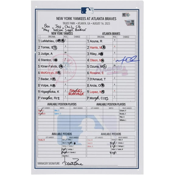 Matt Olson Atlanta Braves Autographed Game-Used Lineup Card vs. New York Yankees on August 16, 2023 - Fanatics Authentic Certified