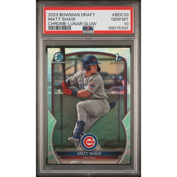 Matt Shaw Cubs 2023 Bowman Draft Chrome Lunar Glow Refractor Rookie Card PSA 10 Gem Mint
