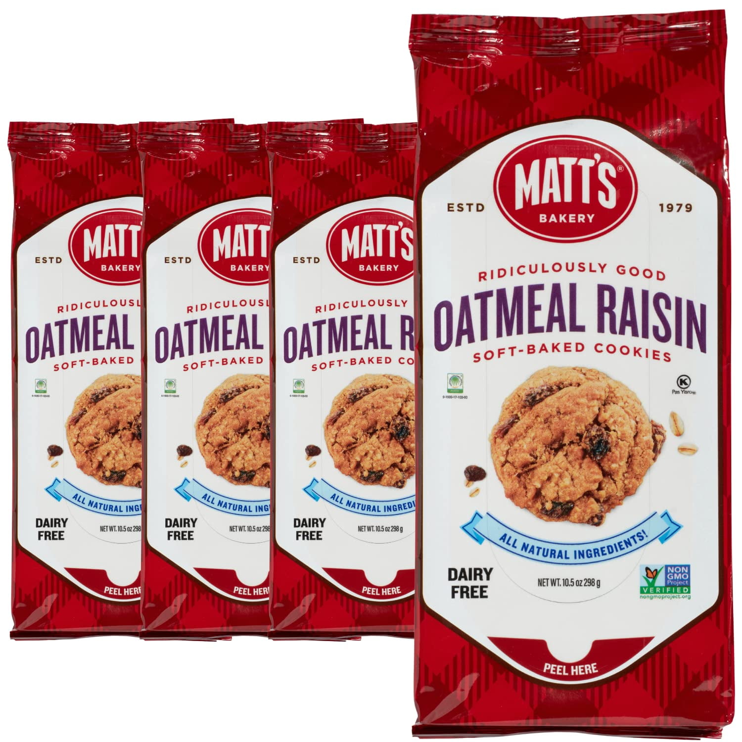 Matt's Bakery , Oatmeal Raisin Cookies , Soft-Baked, Non-GMO, All-Natural Ingredients 4 Bags (10.5oz Each)