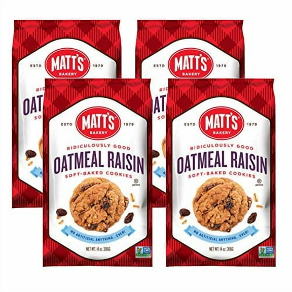 Matt's Cookies Oatmeal Raisin Soft-Baked Cookies, All Natural Ingredients, Non GMO, 14 oz Bag, 4 Count