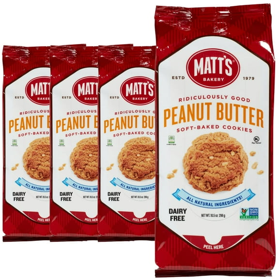 Matt's Bakery , Peanut Butter Cookies , Soft-Baked, Non-GMO, All-Natural Ingredients 4 Bags (10.5oz Each)