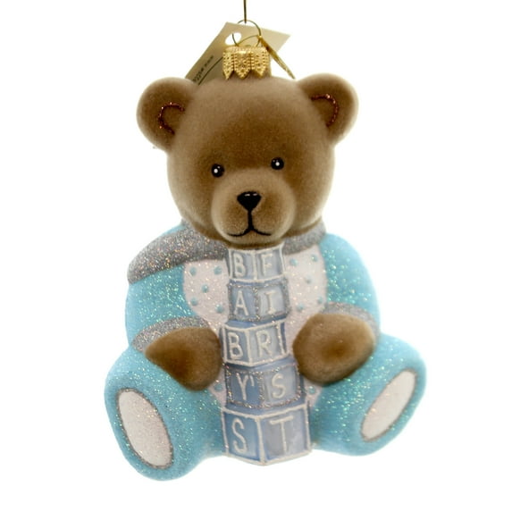 Mattarusky 5.00In Baby Teddy Bear, Glass, First Christmas Ornament M292 Blue