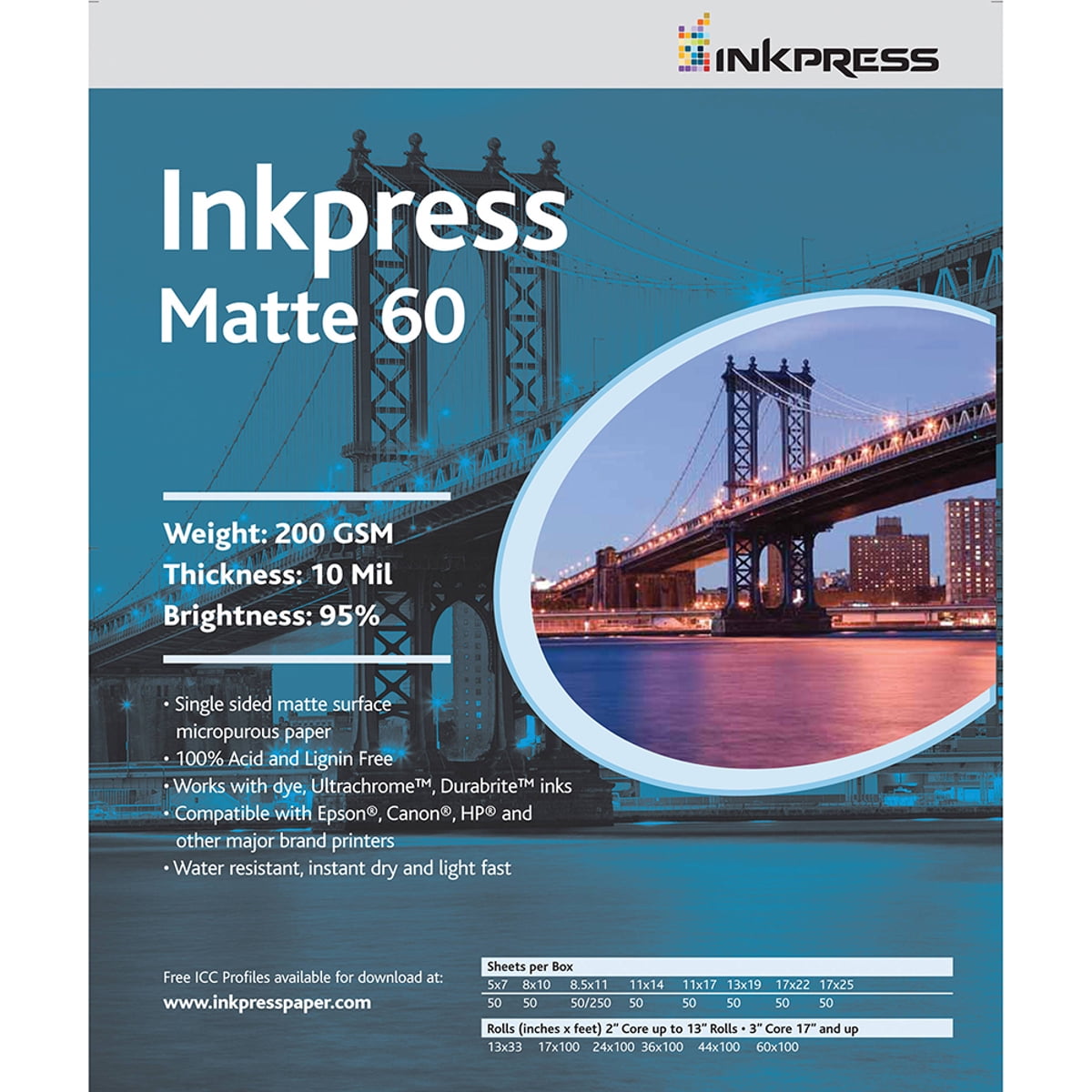 Inkpress Matte 60 Single Sided Bright White Inkjet Paper, 10 mil., 200gsm., 5x7", 100 Sheets