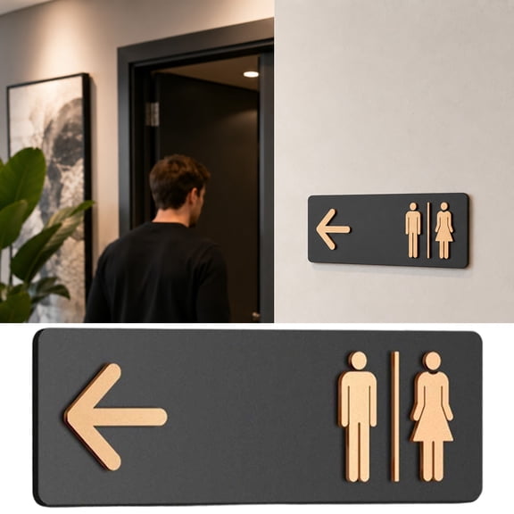 Matte Base Washroom Direction Sign Embossed Figure Left Arrow Restaurant Offices Wall Marker