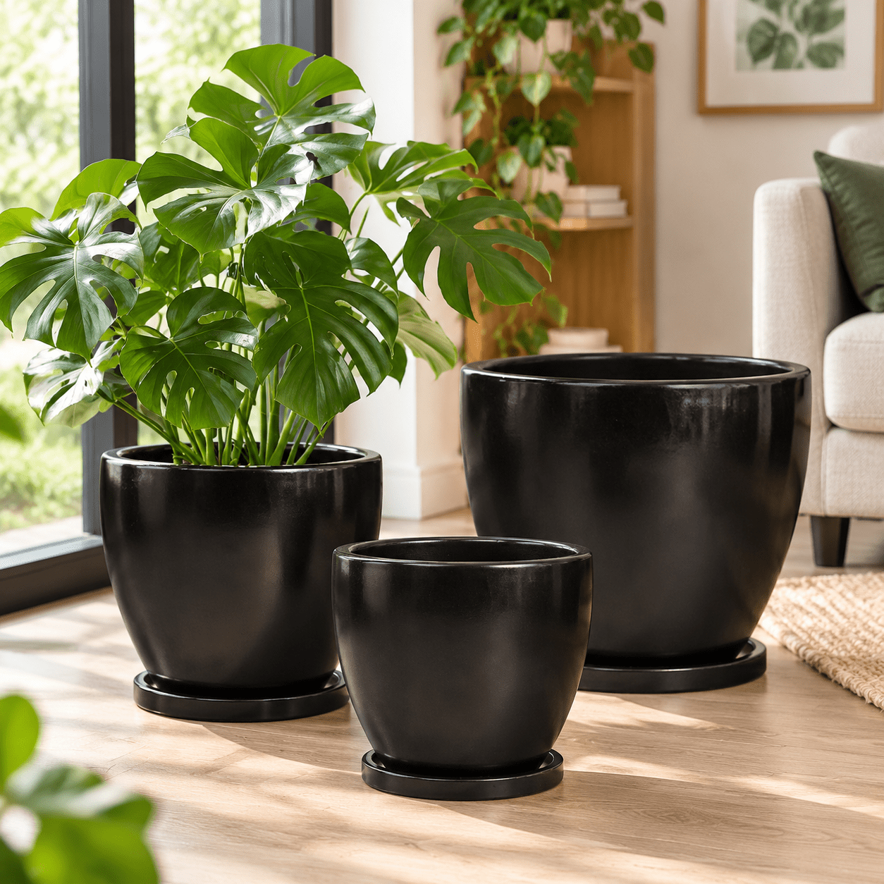 Matte Black 10+8+6 Inch Ceramic Plant Pot Set for Indoor and Outdoor ...