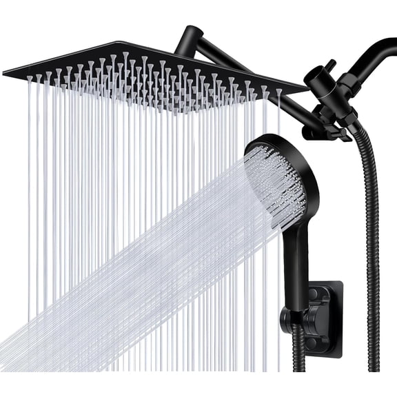 Matte Black 10 Inch Square Rain Shower Head with Handheld Spray, Adjustable 11 Inch Extension Arm, High-Pressure Flow Regulator