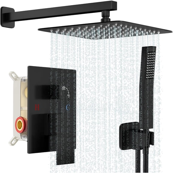 Matte Black 10 Inch Wall-Mounted Shower Set with Square Rain Shower Head, Dual Handles, Pressure-Balancing Valve, and 71 Inch Anti-Kink Hose