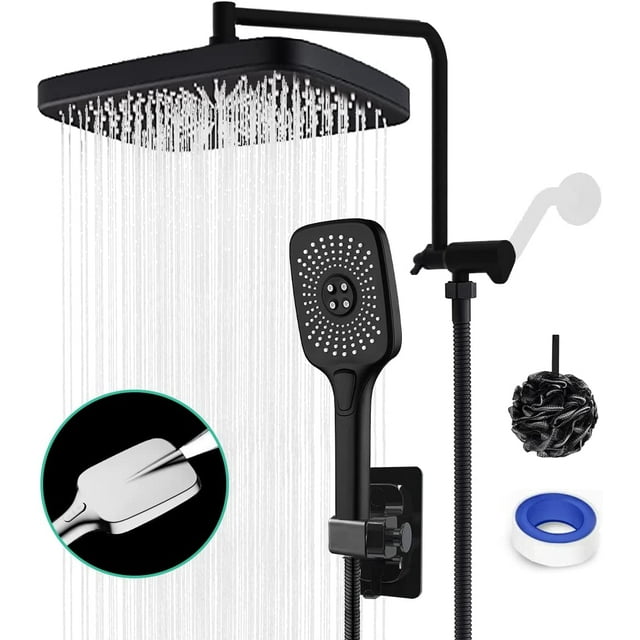 "Amorix 12"" Matte Black Rain & Handheld Dual Shower Head, 4 Settings