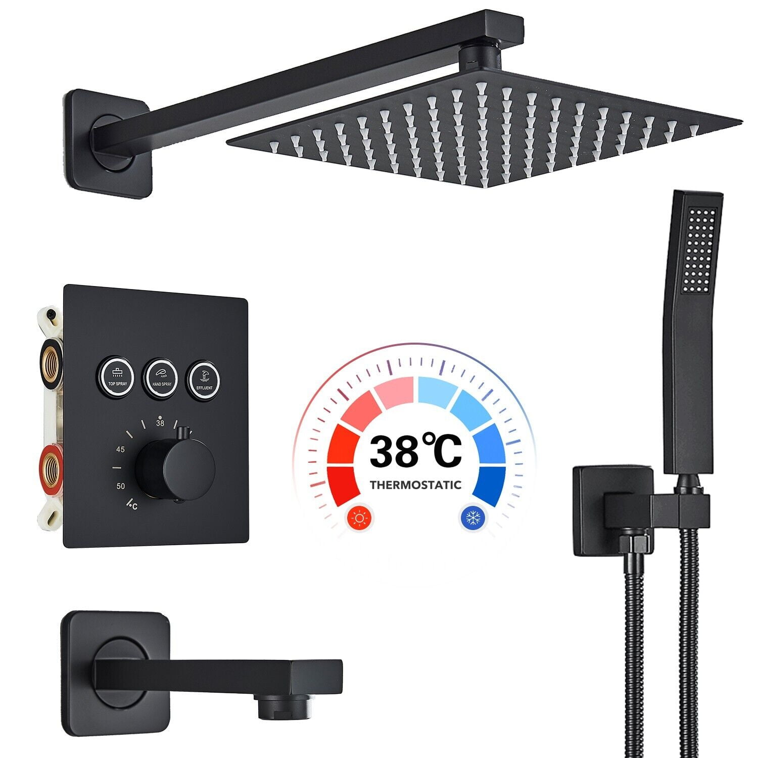 Matte Black 12'' Ultra-thin Shower System 3Ways Wall Mounted ...