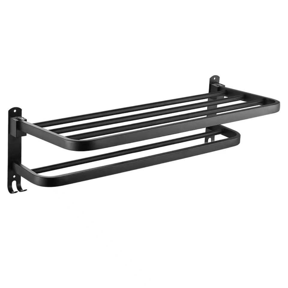 Matte Black 15-inch Stainless Steel Bathroom Towel Shelf with Double Bars and Hooks, Wall-Mounted Holder for Hotel Bath Towel Racks