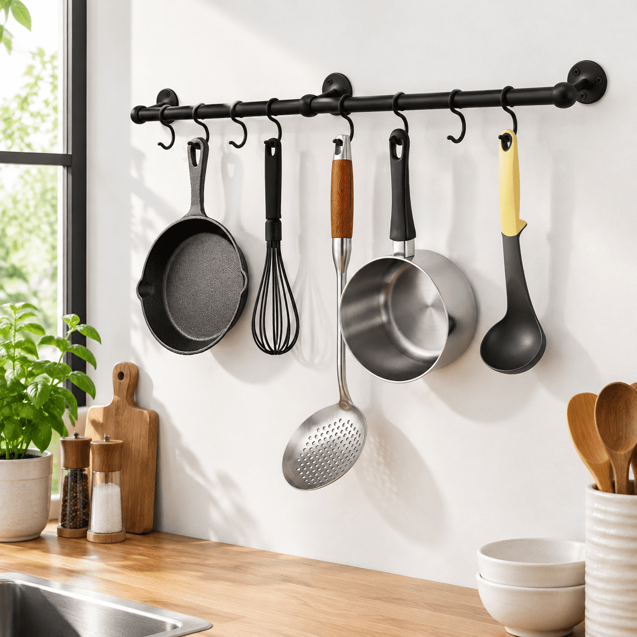 Matte Black 23.7 Inch Wall Mounted Hanging Pot Rack for Kitchen Storage ...