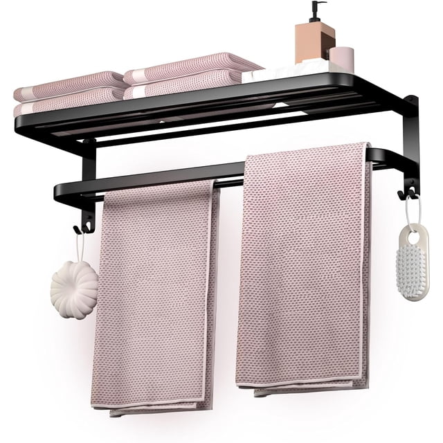Matte Black 23 Inches Bathroom Towel Rack with Double Bars and Hooks ...