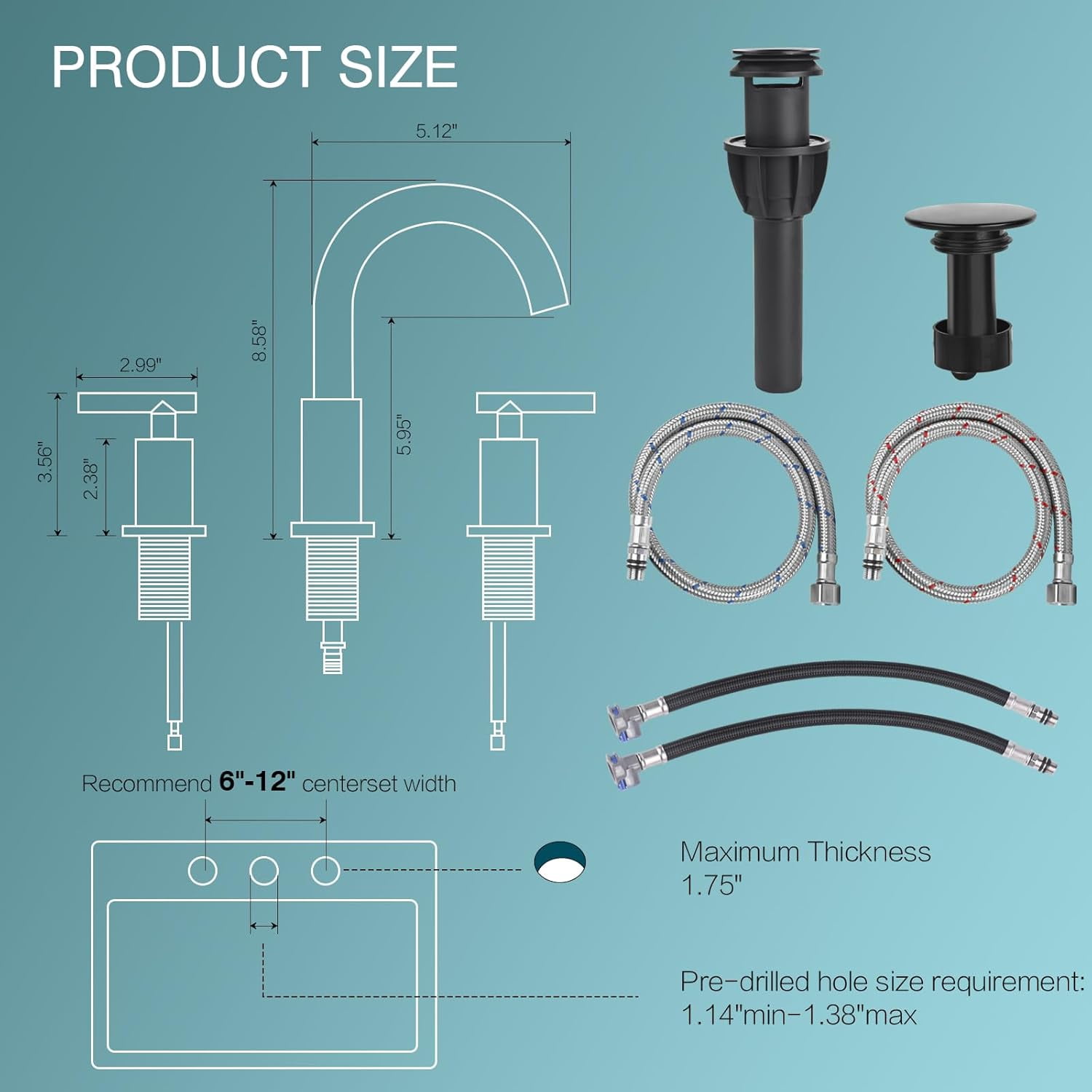 Matte Black 3 Hole 2 Handle Bathroom Faucet with Drain, 8 Inch ...
