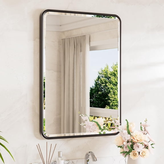 Matte Black 30"L x 20"W Beveled Edge Tempered Glass Rectangle Mirror with Rounded Corners