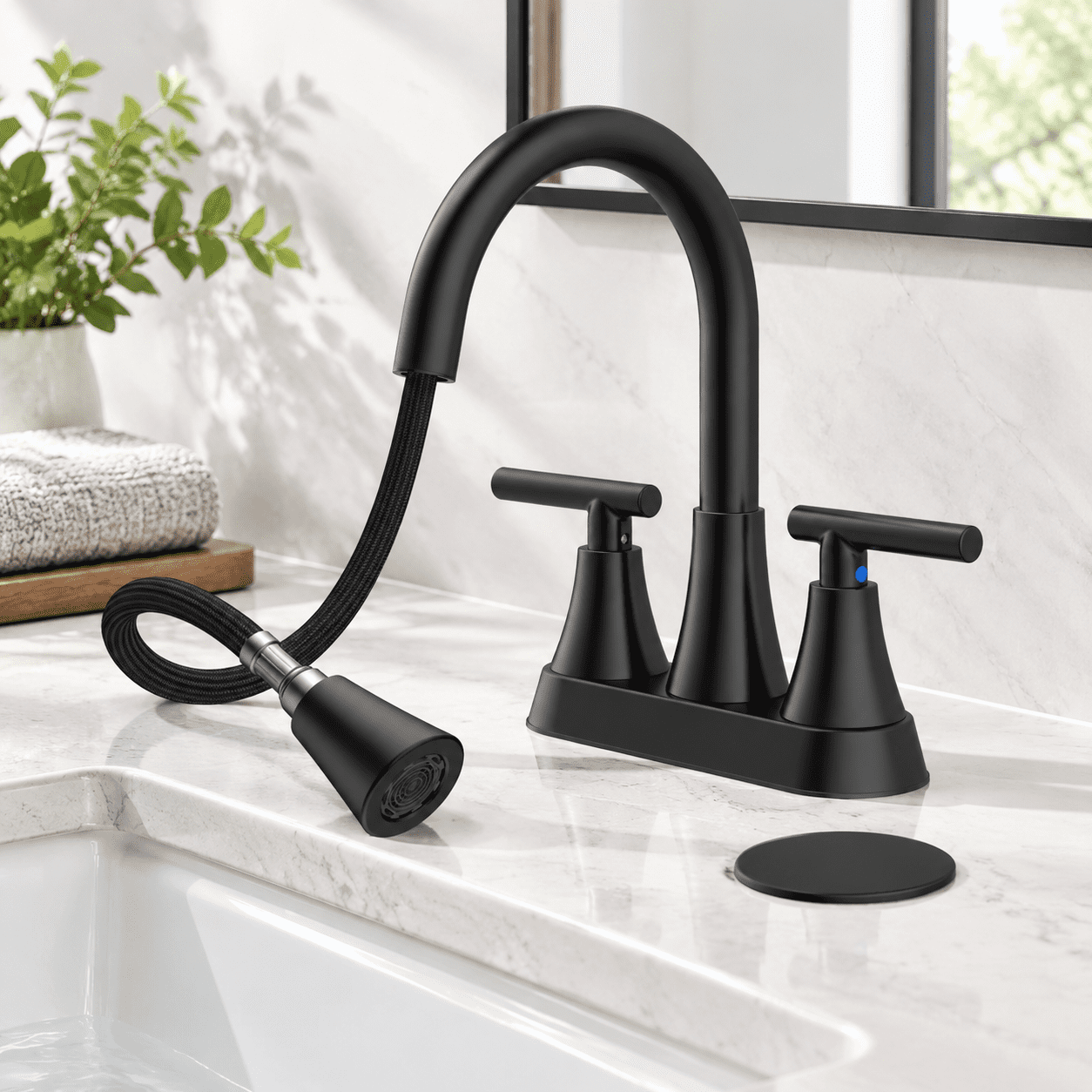 Center Faucet Inlets Matte Black 4 IN Centerset Bathroom Faucet with Pull Out Sprayer ...