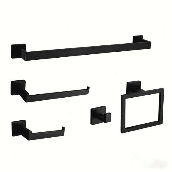 Matte Black 5-Piece Square Bathroom Hardware Set,40cm Towel Bar,Toilet Paper Holder,Towel Ring,and 2 Towel Hooks,SUS 304 Stainless Steel Bathroom Accessories,Wall Mounted Towel Rack KitBlack