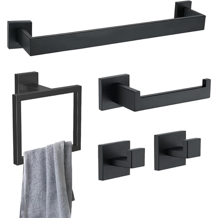 stusgo Matte Black 5-Piece Square Bathroom Hardware Set with Towel Bar, Hook, Toilet Paper Holder and Ring(Black)