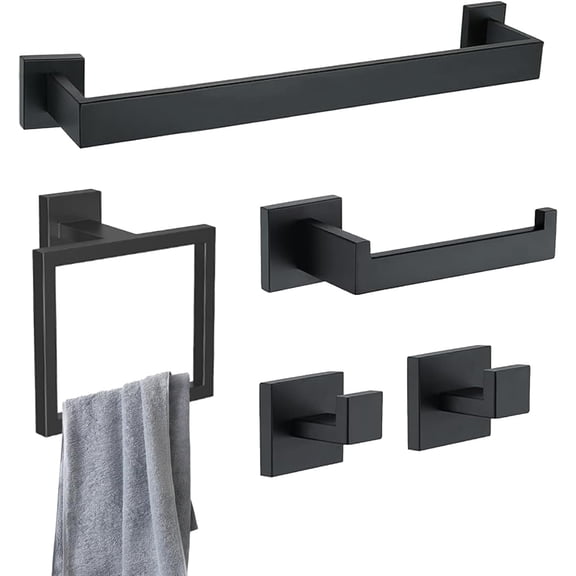 stusgo Matte Black 5-Piece Square Bathroom Hardware Set,40cm Towel Bar,Toilet Paper Holder,Towel Ring,and 2 Towel Hooks,SUS 304 Stainless Steel Bathroom Accessories,Wall Mounted Towel Rack Kit（Black）