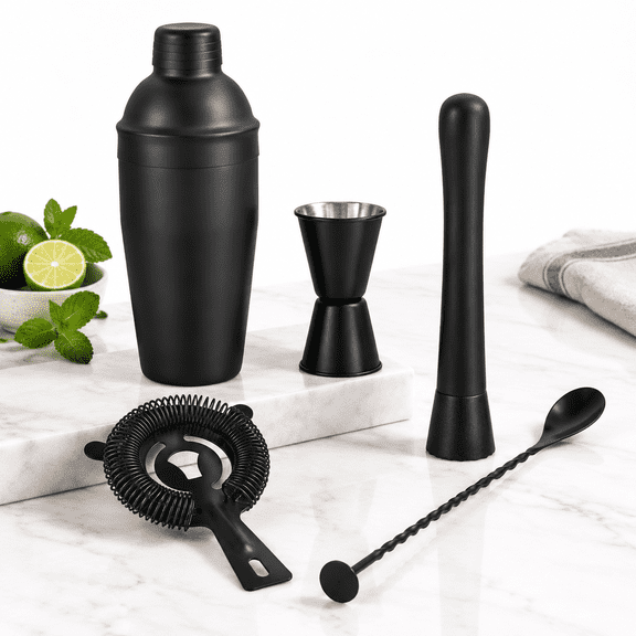 Matte Black 5-Piece Stainless Steel Cocktail Shaker Set for Home and Professional Bartending