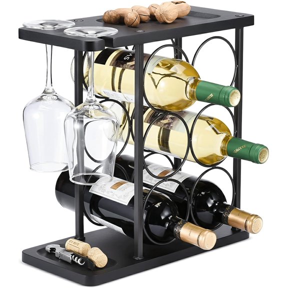 Matte Black 6-Bottle Countertop Wine Rack with Glass Holder Shelf and Corkscrew Tray