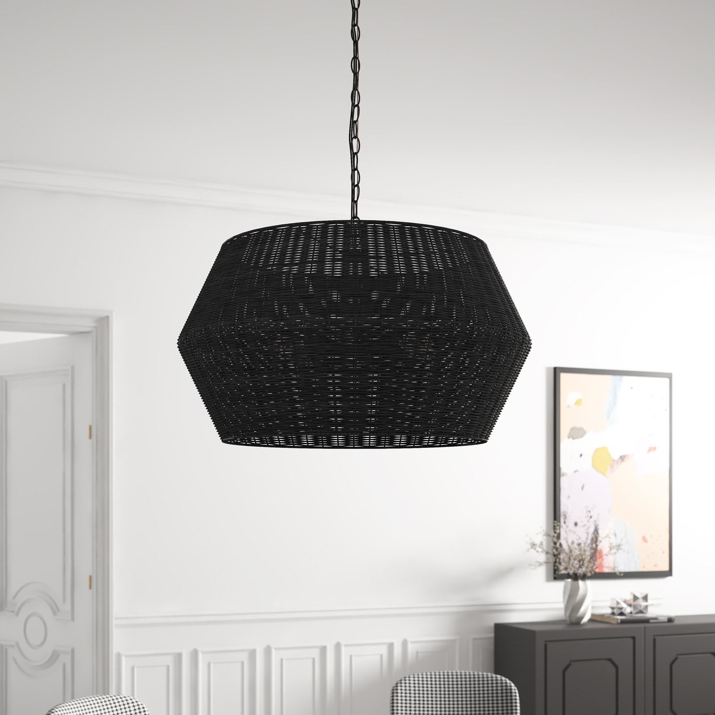 Matte Black Handwoven Rattan Farmhouse Pendant Light Fixture