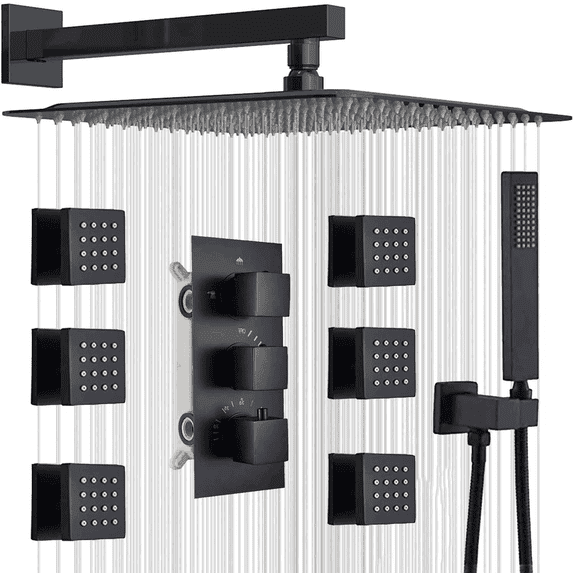 Matte Black 8" Rain Shower Faucet Set Kit Thermostatic Massage System Combo