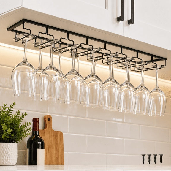 Matte Black 8 Row Under Cabinet Wine Glass Stemware Holder, Large Capacity Iron Rack