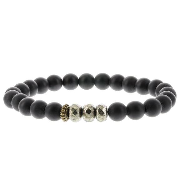 Matte Black Agate, Pyrite, and Brass Spacer Men's Stretch Bracelet