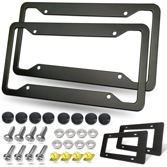 Matte Black Aluminum License Plate Frames- 2 Pack Heavy Duty Car Tag Cover for Front & Rear, 4 Hole Rust Proof Universal Holder, Mount Screws Caps, Inserts, Rattle Proof Pads