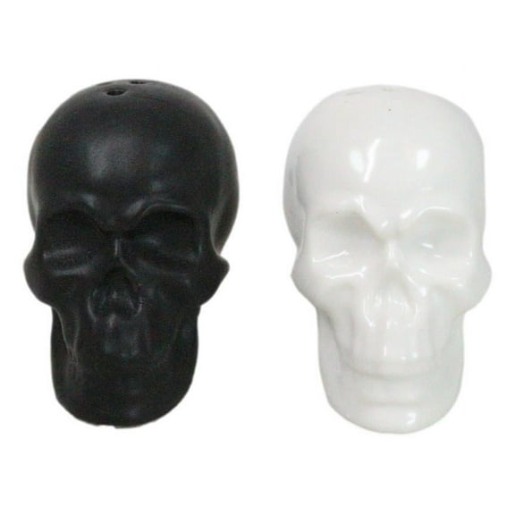 Matte Black And White Sugar Skulls Salt And Pepper Shakers Set Ceramic