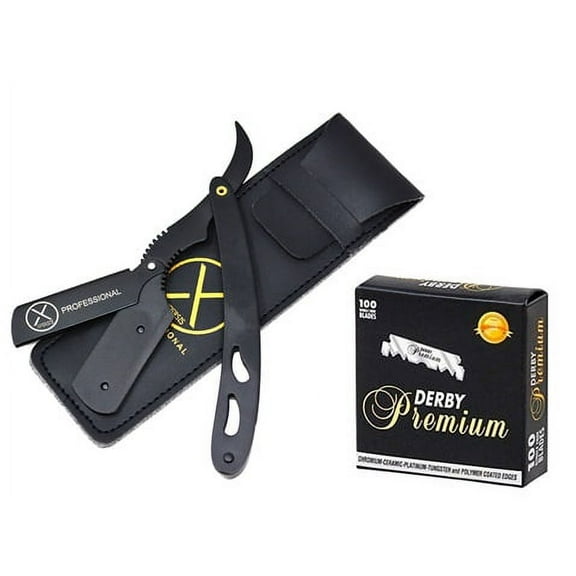 Matte Black Barber Straight Razor German Made Carbon Steel Material With Pouch + 100 Premium Derby Blades Bonus By XPERSIS Professional