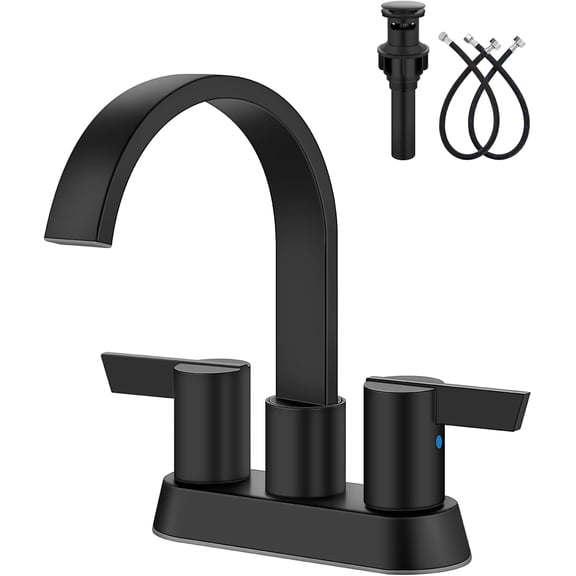 Bathroom Faucets for Sink 3 Hole,4 Inch Centerset Waterfall Faucet 2 Handle for Bathroom Sink with Pop-Up Drain and Supply Lines Matte Black