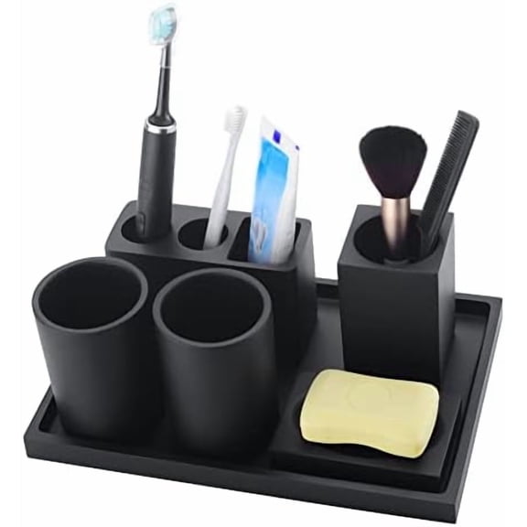Matte Black Bathroom Accessories Set 6 Pieces, Bathroom Accessory Set Bathroom Decor with 1 Vanity Tray, 2 Tumbler Cups, 1 Makeup Brushes Holder, 1 Toothbrush Holder, 1 Soap Dish