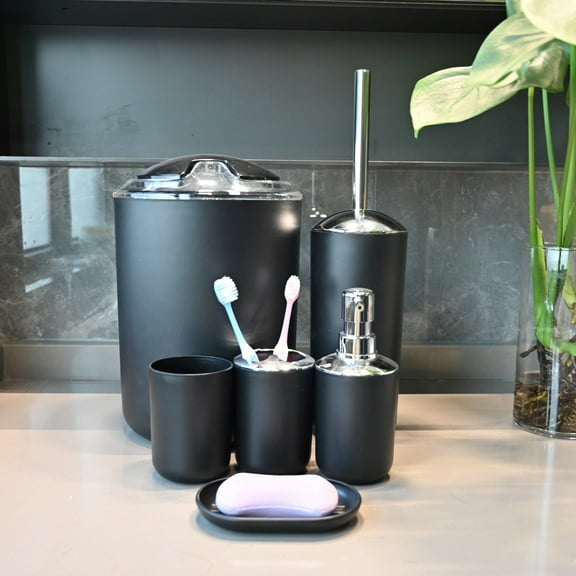 Matte Black Bathroom Accessories Set 6PCS Bath Ensemble Includes Soap Dispenser, Toothbrush Holder, Toothbrush Cup, Soap Dish, Trash Can for Decorative Countertop and Housewarming Gift