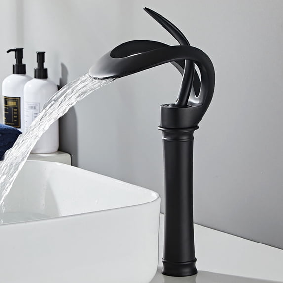 Matte Black Bathroom Basin Faucet Single Hole Single Handle Brass Waterfall Inlet Pipes Mixer Tap